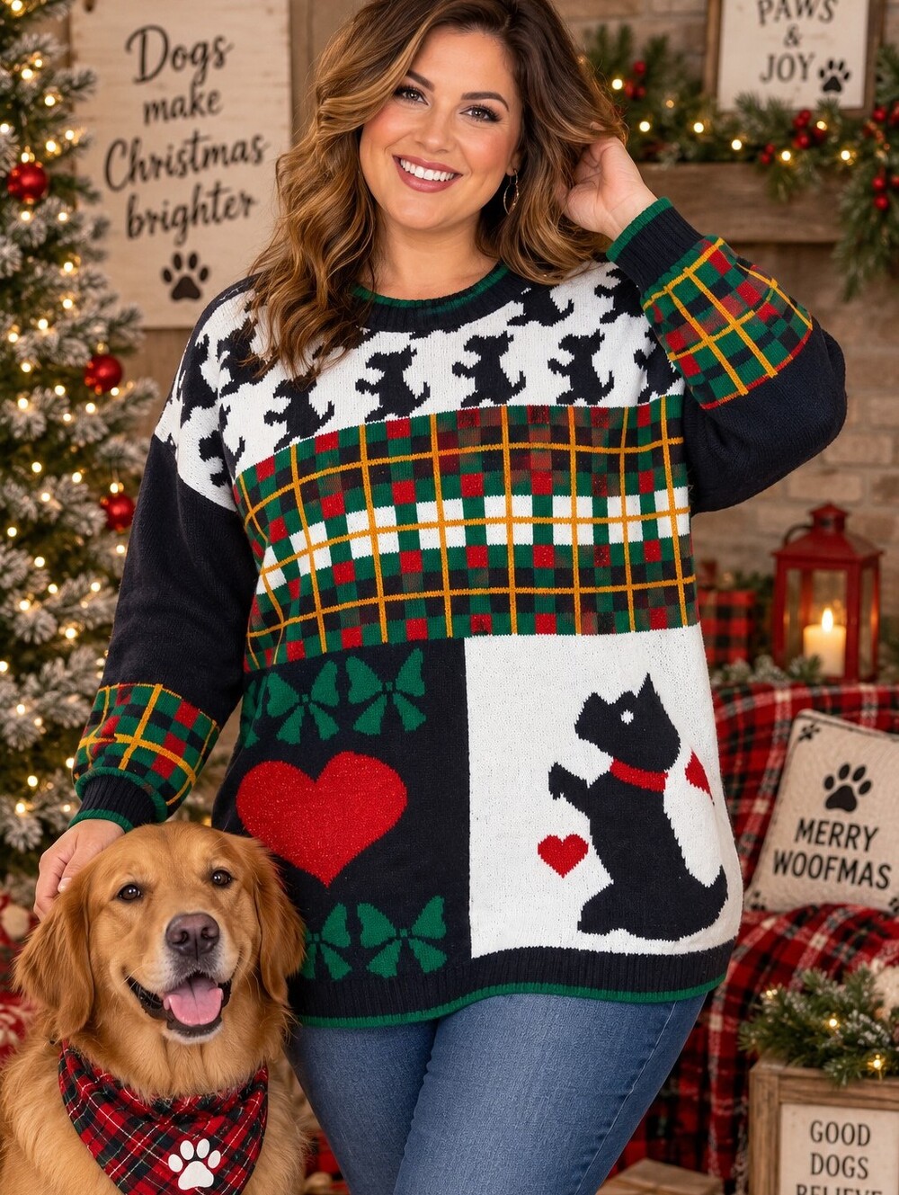 Holiday Christmas Sweater Scottie Dog Lover Ugly 90s Party Plaid Black Red Green